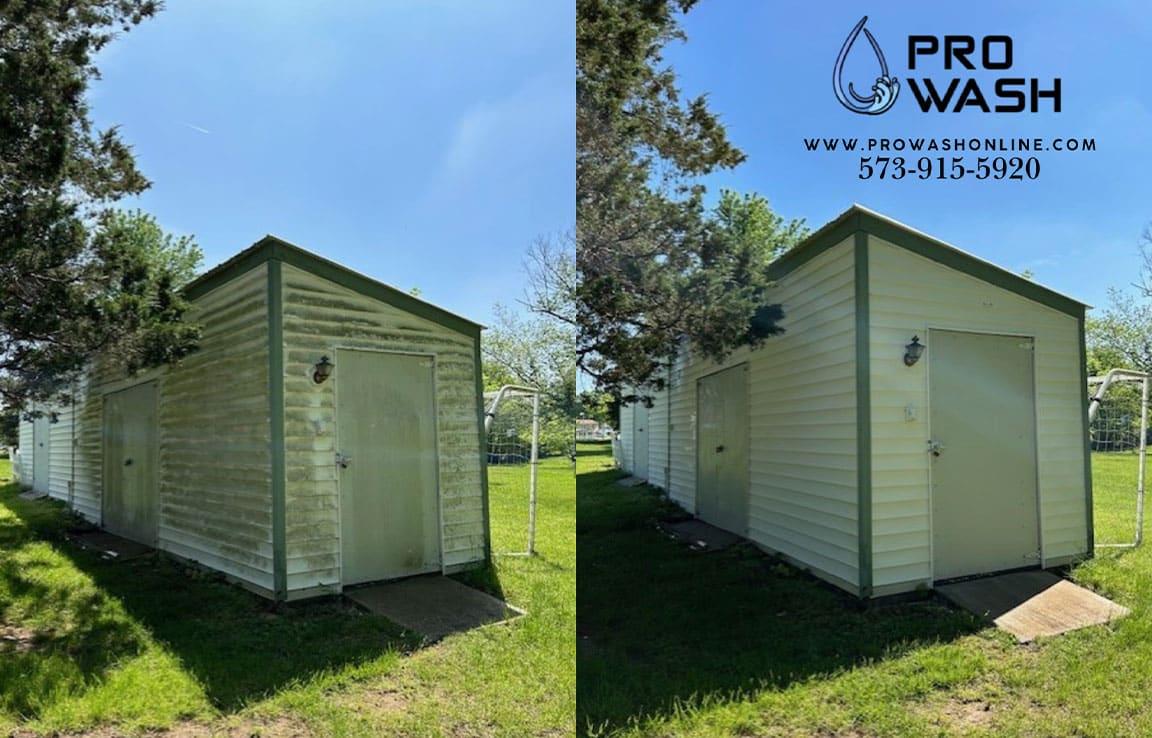 Before and after of a shed cleaned with house washing in Farmington, Missouri. The left side shows green algae and mildew buildup, while the right shows a clean, bright shed after professional power washing.
