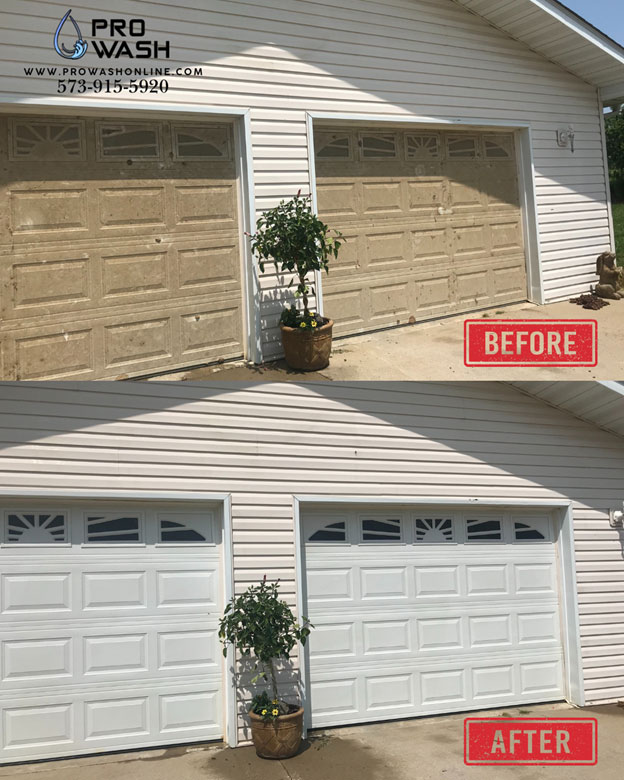 Before-and-after of a garage door cleaning in Farmington, Missouri by Pro Wash. The dirty, beige garage door is transformed into a bright white, restoring curb appeal.