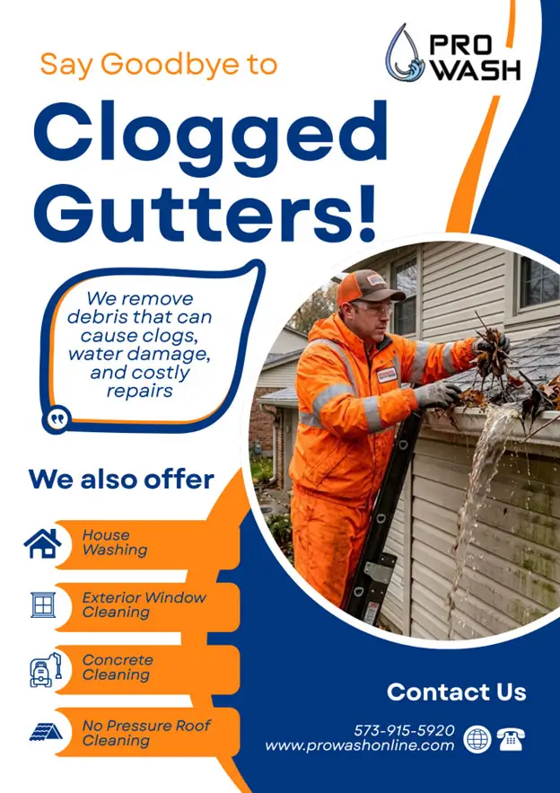 Worker in orange rain suit on ladder pulling debris from overflowing gutter as water pours out; promotional text and ProWash logo beside image.