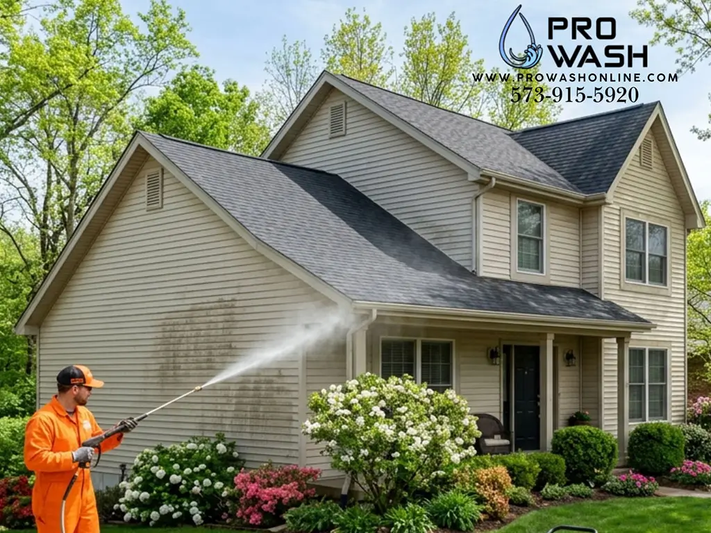 Worker in orange coveralls pressure-washing dirty beige two-story house siding, spray hitting stain; landscaped yard with flowering shrubs.