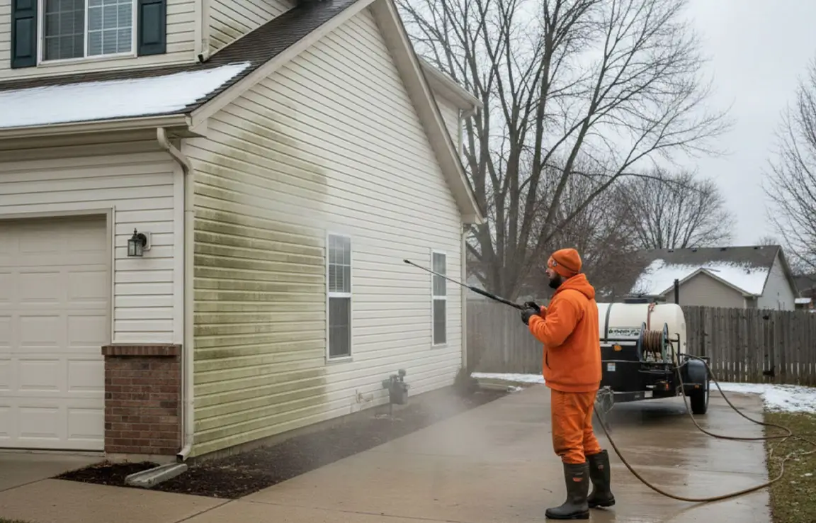 Person in orange clothing pressure-washing green algae from vinyl siding of a suburban house, trailer and leafless trees in background.