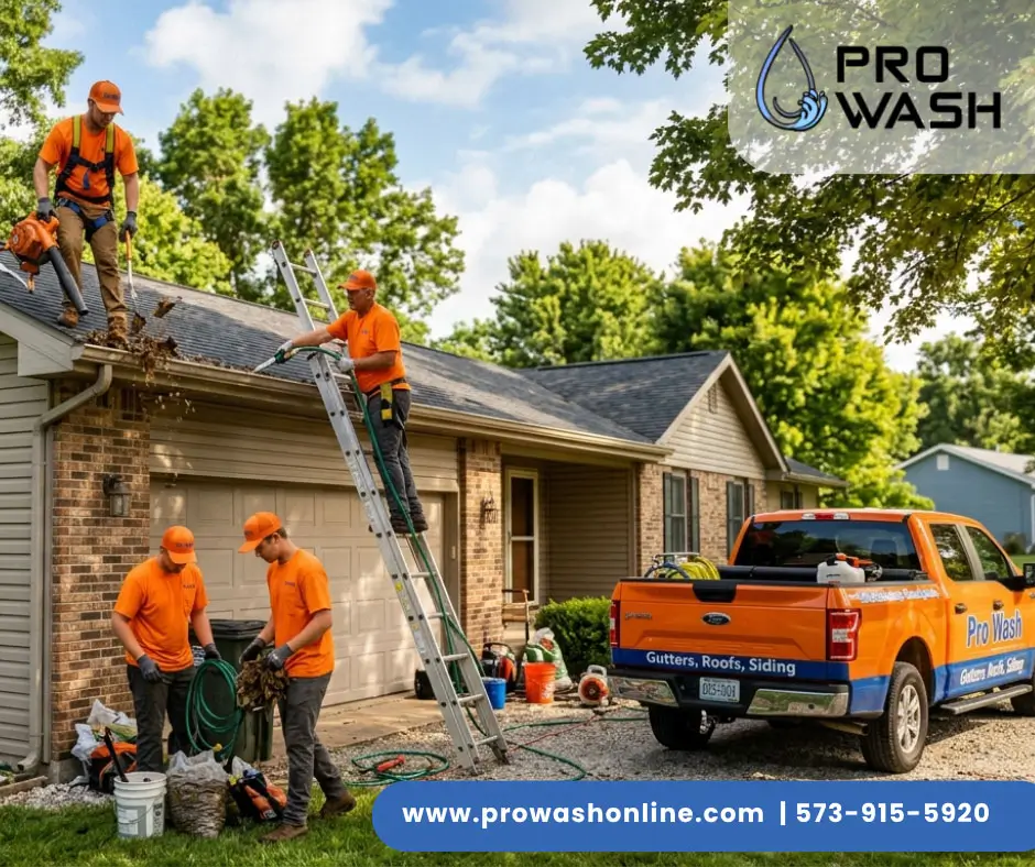 Four workers in orange uniforms cleaning a house's gutters and roof with ladders and leaf blowers, orange Pro Wash truck parked nearby.